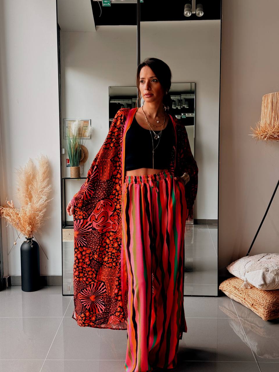 Ensemble long kimono & pantalon imprimé – orange - Fenomen Paris