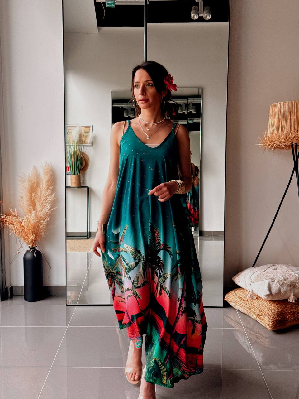 Robe longue bohème imprimée – Vert profond & coucher de soleil - Fenomen Paris