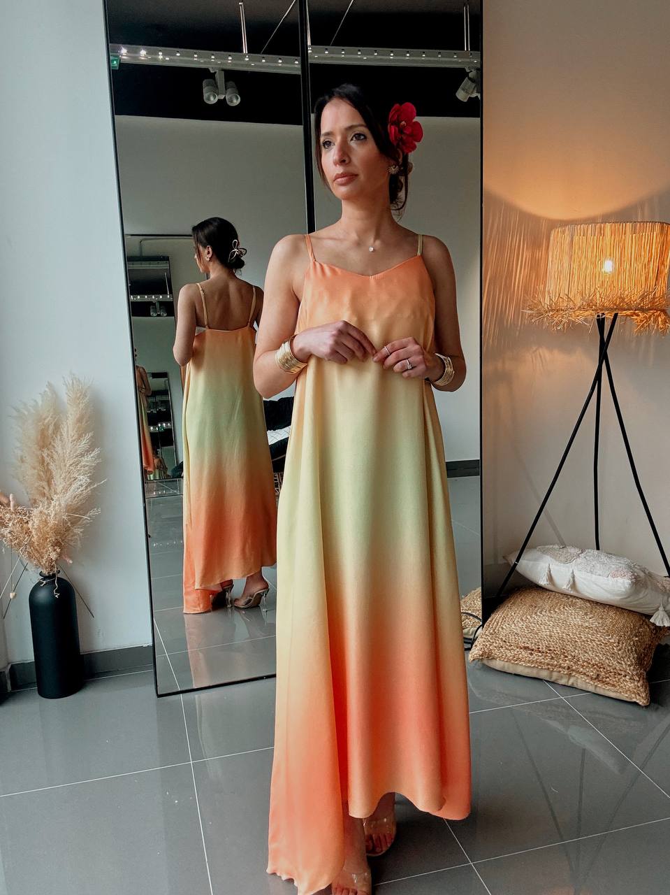 Robe longue fluide en viscose asymetrique - tie and die orange - Fenomen Paris