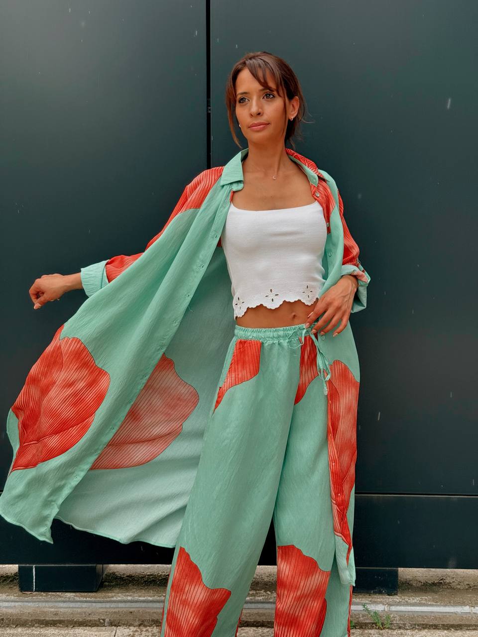 Ensemble chemise longue & pantalon – Imprimé graphique vert - Fenomen Paris