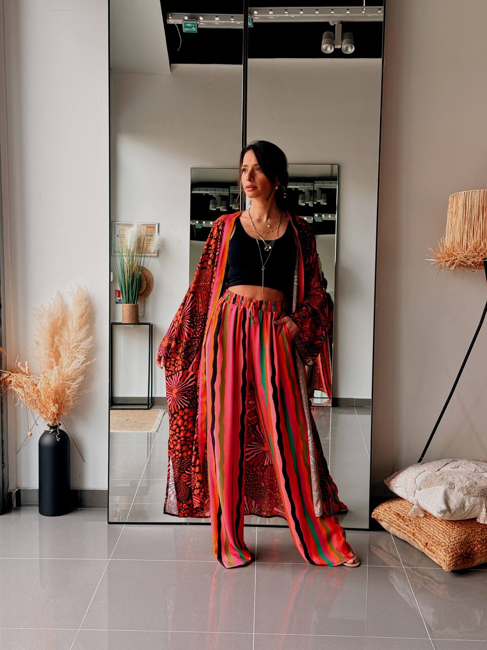 Ensemble long kimono & pantalon imprimé – orange - Fenomen Paris