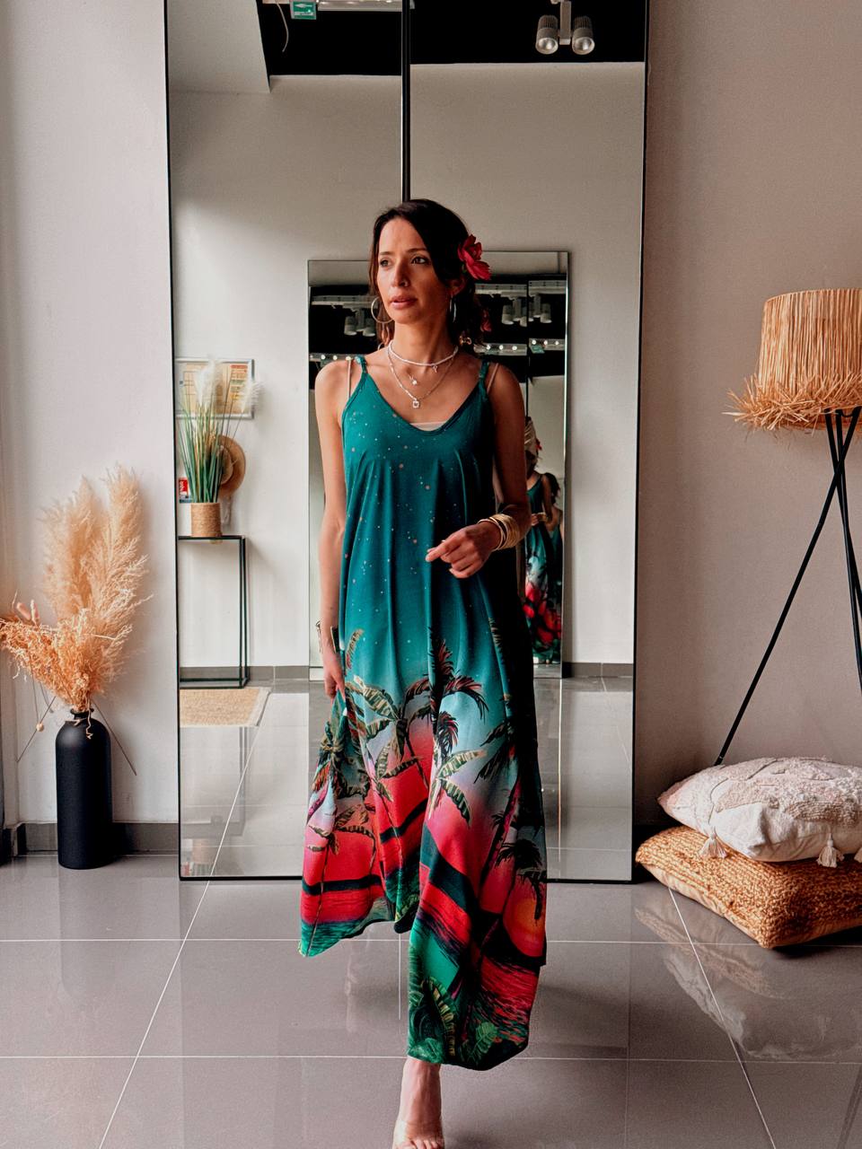 Robe longue bohème imprimée – Vert profond & coucher de soleil - Fenomen Paris