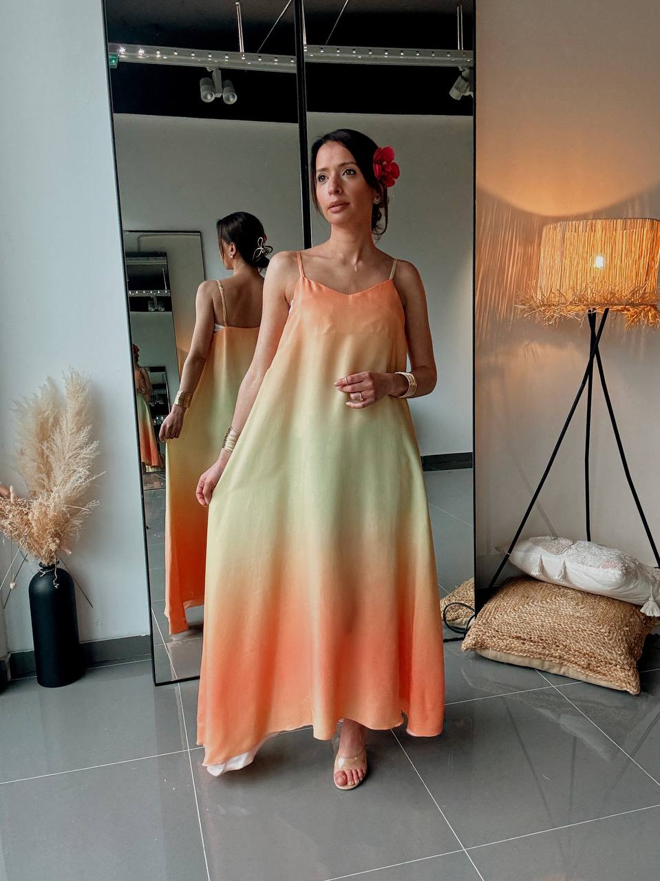 Robe longue fluide en viscose asymetrique - tie and die orange - Fenomen Paris