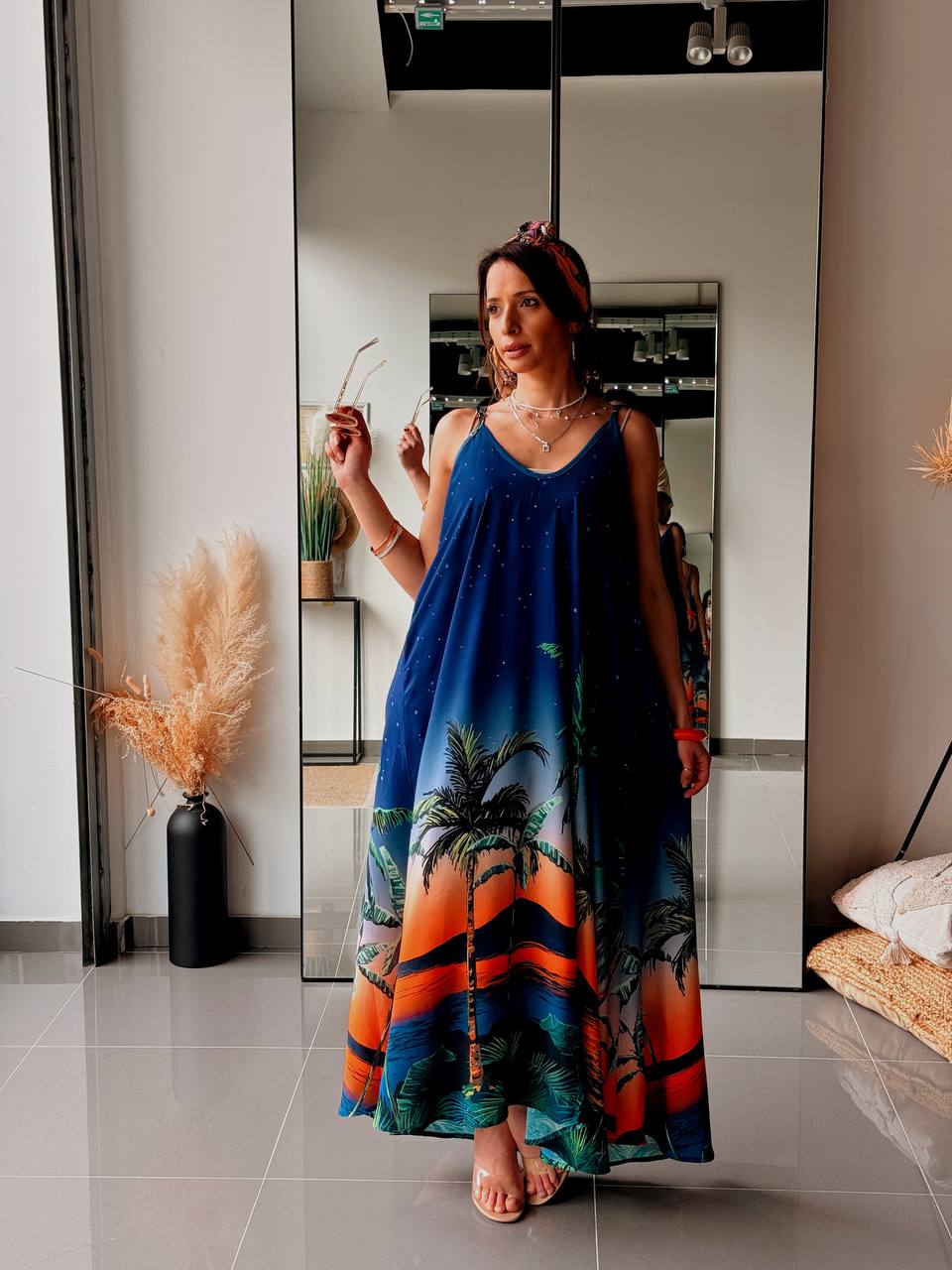 Robe longue bohème imprimée – Bleu nuit & coucher de soleil - Fenomen Paris
