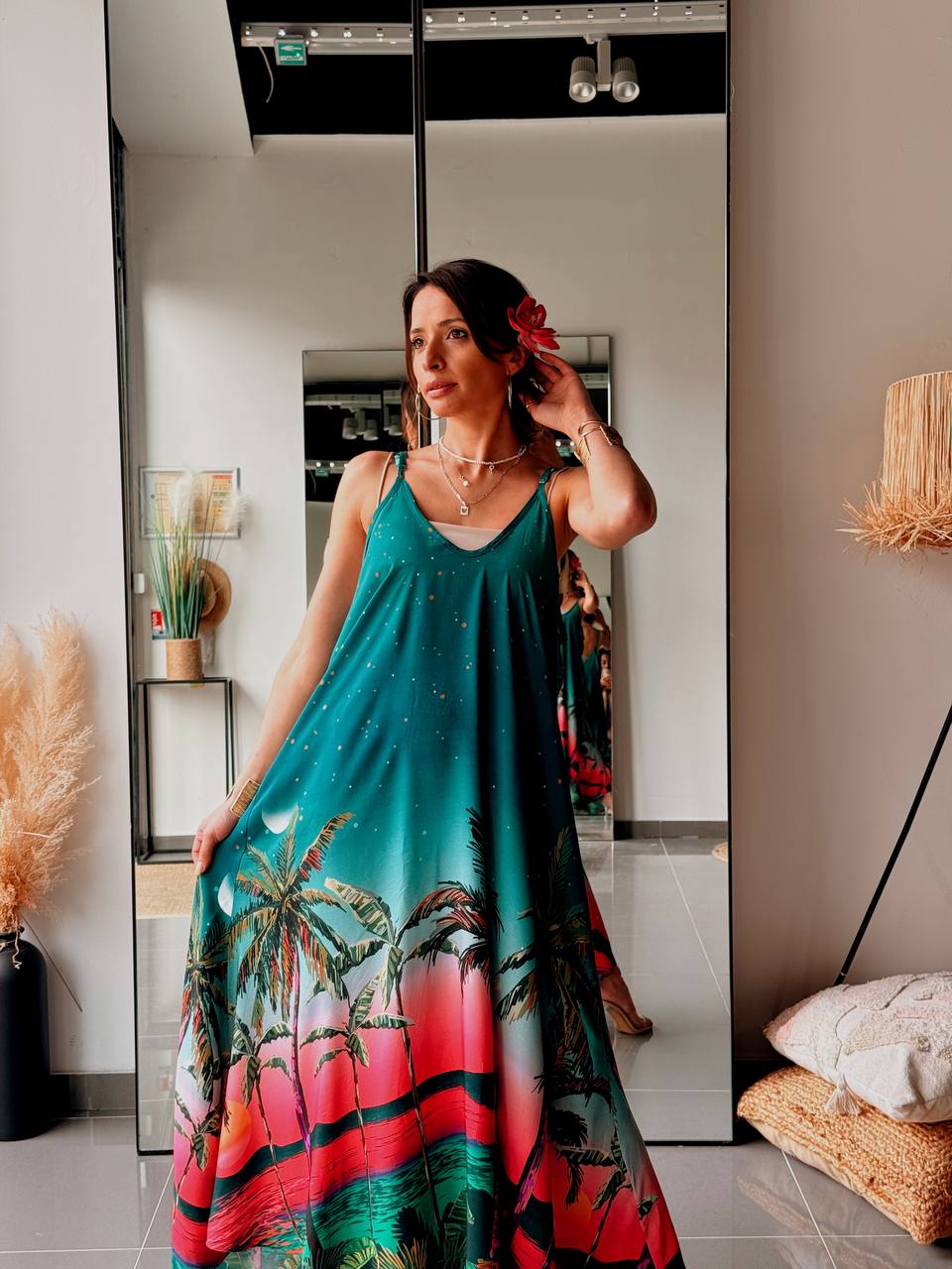 Robe longue bohème imprimée – Vert profond & coucher de soleil - Fenomen Paris