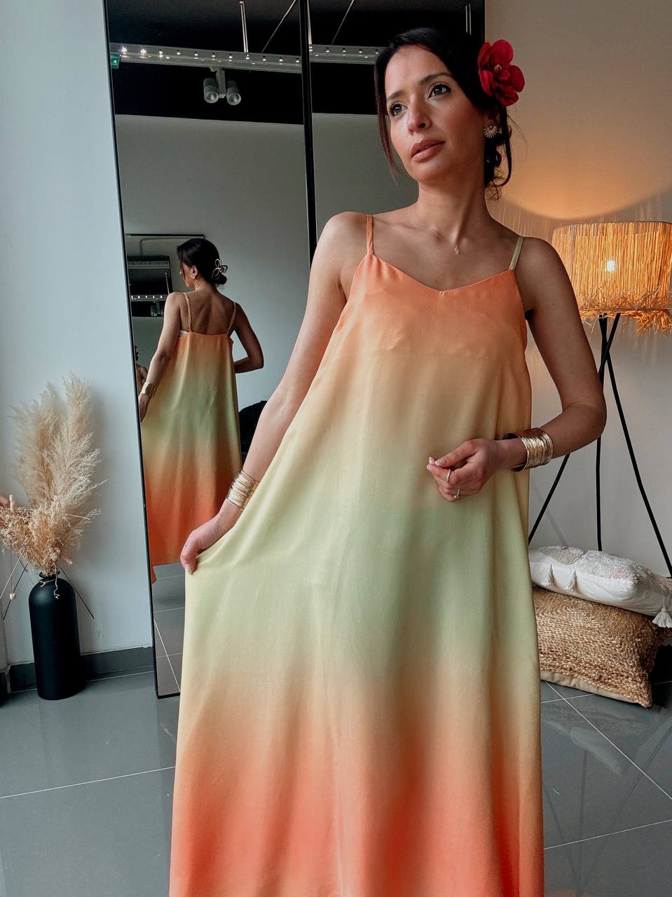 Robe longue fluide en viscose asymetrique - tie and die orange - Fenomen Paris