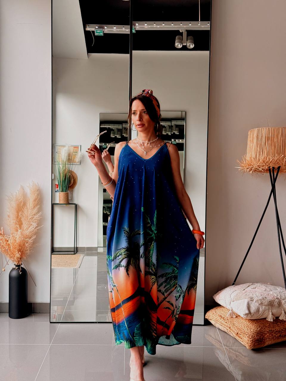Robe longue bohème imprimée – Bleu nuit & coucher de soleil - Fenomen Paris